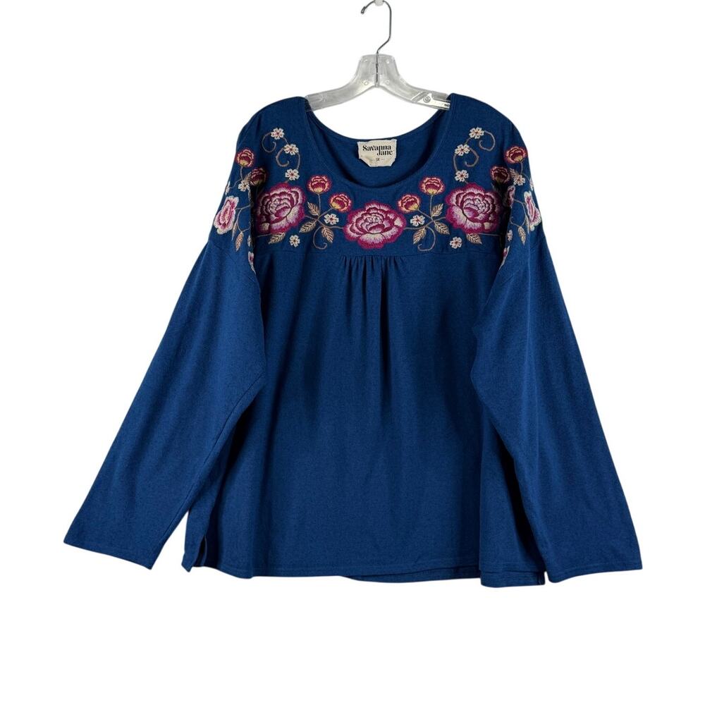 Savanna Jane Long Sleeve Floral Embroidered Pullover Sweater Blue Womens 3X Boho